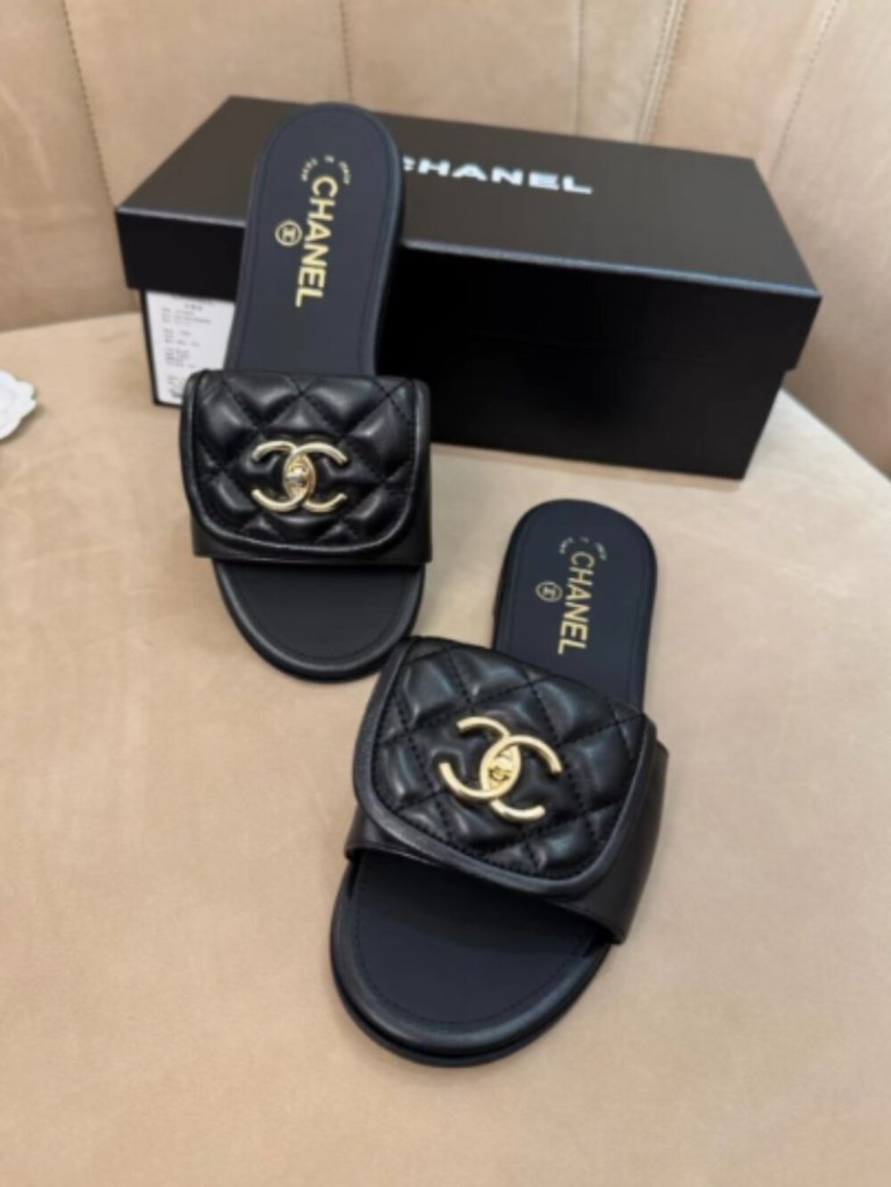 Chanel Black Quilted Leather CC Turnlock Slide Sandals